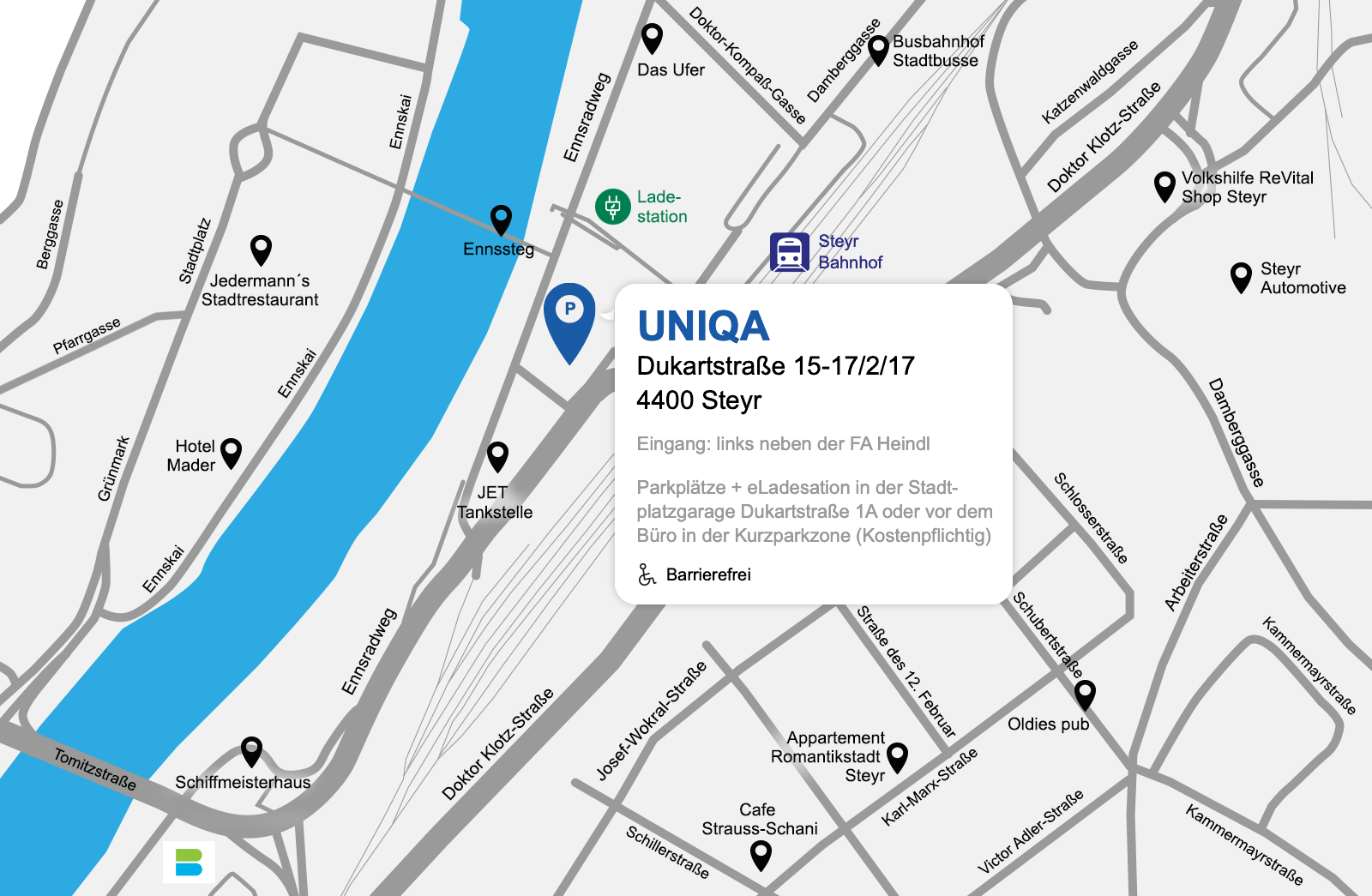 Eine detaillierte gezeichnete Karte der UNIQA Generalagentur Team Steyr